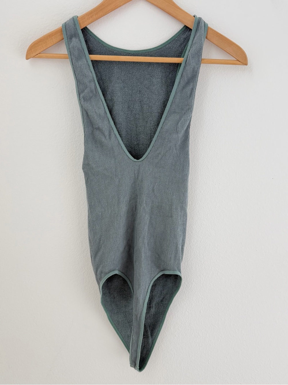 Free People Infiniely Pale Green ribbed low V-neck bodysuit